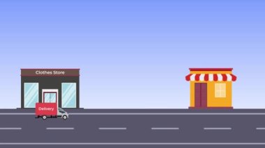 İnternetten alışveriş ve ev ve mağazayla birlikte 4K animasyon. 4K görüntüsü olan bir eve elbise teslimatı. Teslimat iki saat içinde, konum iğneleri ve teslimat aracıyla..