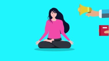 Girl flat character 4K animation in yoga position and men hands moving. Girl doing yoga and promoters trying to advertise her video. Hands with a magnifying glass, microphone, laptop 4k Footage.