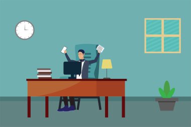 Çalışan sandalyesinde otururken cep telefonu ve not defteriyle elini kaldırdı. İş adamı düz karakter tasarımı, çalışma masası ve ofis içi. İşçi strese girdi ve bağırdı..