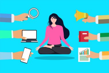 Girl doing yoga and promoters trying to advertise her. Hands with a magnifying glass, microphone, laptop, mobile, and book vector. Girl flat character design in yoga position and men hands vector.