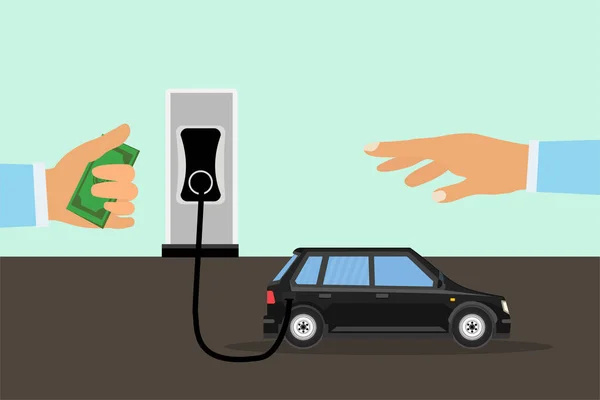 Man Getting Fuel His Car Giving Money Concept Vector Taking — Stock Vector