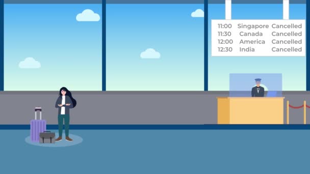 Animação Caráter Plano Com Avião Uma Passageira Zangada Dentro Aeroporto — Vídeo de Stock