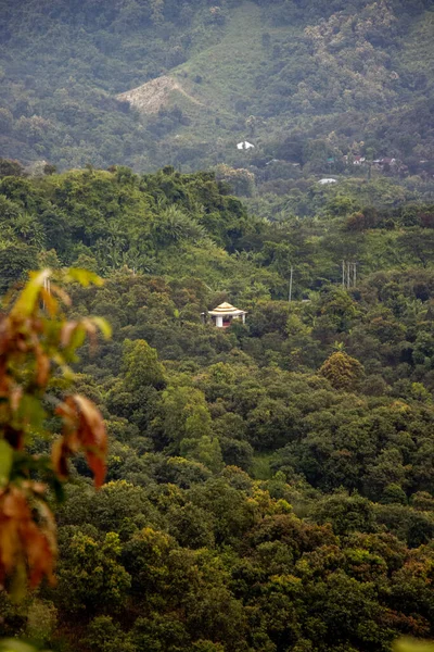 Single tourist spot in a hilly area and green forest. House bestowed with trees at Bandarban, Bangladesh. Mountain area photograph with a jungle view. Small house in the middle of a hill forest.