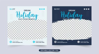 Beyaz ve koyu mavi renkli rüya tatil broşürü tasarımı. İş ilanları için turne ve seyahat afişi. Sosyal medya için seyahat acentesinin poster tasarımı. Ting flaması şablonu.