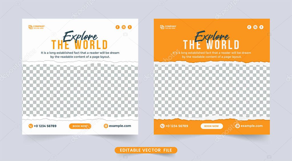 Travel social media posts vector with white and yellow colors. Vacation planner organization flyer template. Tour and travel banner design for travel agency. Touring business flyer vector.