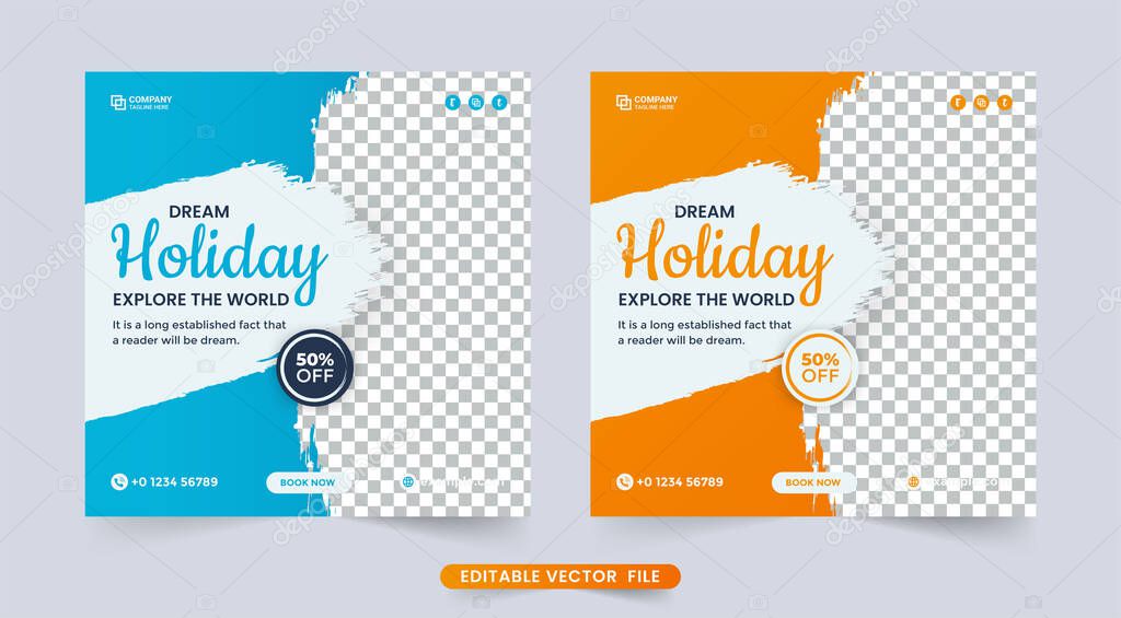 Holiday vacation planner business flyer template. Tour and travel social media post design with yellow and blue color. Travel agency business poster design vector. Travel discount offer brochure.