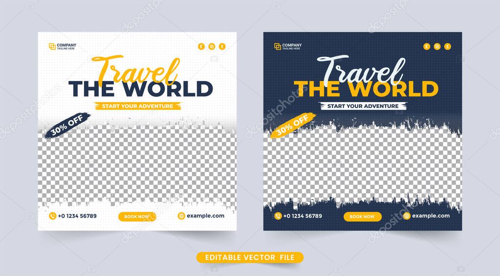 Tour and travel social media post. Travel agency advertisement banner vector. Vacation and adventure planner flyer design. Tour and travel banner template for social media advertising elements.