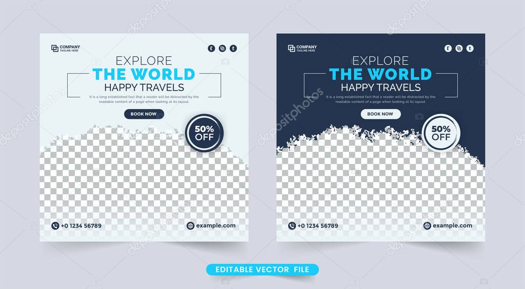 Dream vacation and tour planner agency social media banner. Holiday travel banner template with dark blue and white colors. Tour and travel social media post design. Touring business poster design.