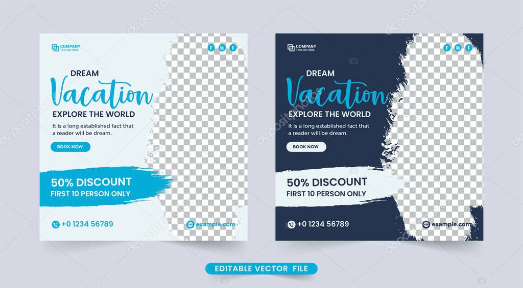 Travel agency social media banner for business promotion. Touring business poster design for advertisement. Vacation planner organization brochure template. Travel discount offers banner design.