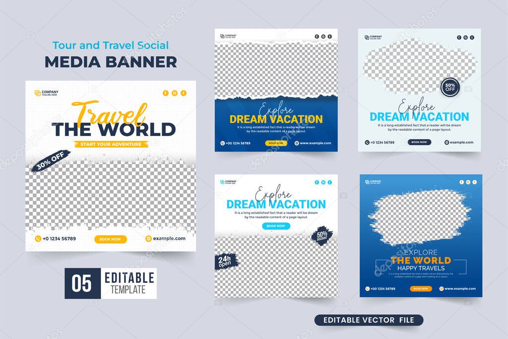 Family vacation planner template collection vector. Tour and travel social media post design bundle. Travel agency banner set design for business promotion. Touring business flyer collection vector.