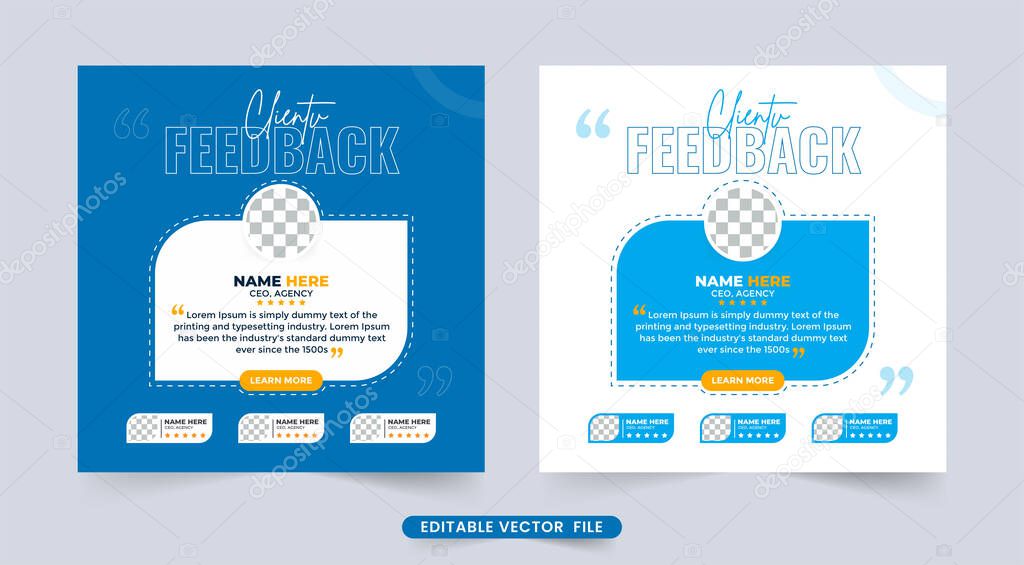 Customer feedback review or testimonial with rating section. Customer feedback testimonial with quote and photo placeholder. Client testimonial design with blue and yellow colors.