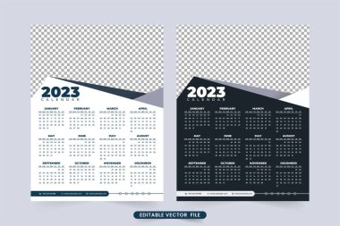 2023 new year wall calendar template vector. Annual business calendar design with black and white color. Simple calendar design and weekend planner with abstract shapes. The week starts on Sunday.