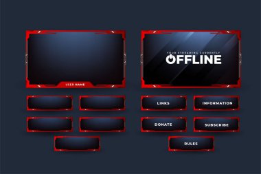 Live streaming overlay vector with red and dark color. Stream overlay design with buttons for online gamers. Offline frame design for gamers. Live Gaming screen panel overlay with stream buttons.