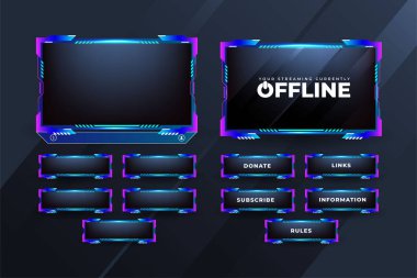 Live screen border and button decoration vector for gamers. Screen overlay panel design with blue and purple colors. Broadcast streaming screen overlay vector with modern shapes.