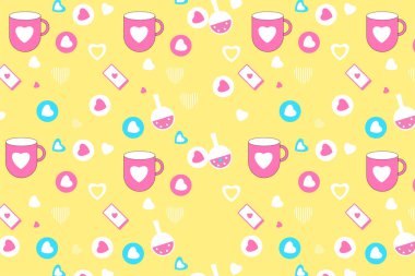 Abstract love pattern decoration element vector. Endless minimalist love pattern with different love shapes and coffee mugs on a yellow background. Seamless pattern element design for book covers.