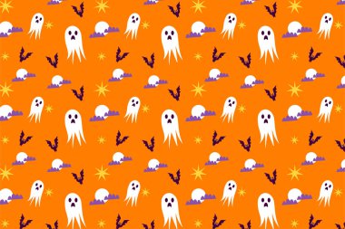 Halloween spooky pattern texture for book cover or bed sheet. Halloween pattern vector on an orange background. Endless pattern decoration with scary ghosts and bats elements.