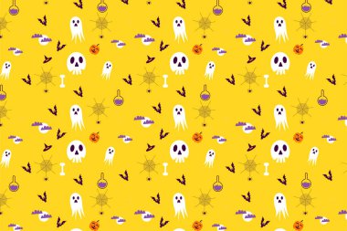 Endless Halloween pattern design with different scary elements on a yellow background. Abstract Halloween pattern decoration for book covers, backgrounds, and bed sheets. Seamless pattern vector.