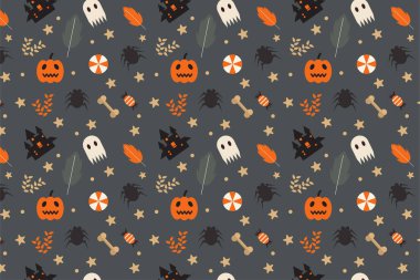 Beautiful Halloween element pattern vector on a dark background. Halloween endless pattern design for book covers, backgrounds, and wrapping papers. Halloween pattern decoration with pumpkin and ghost