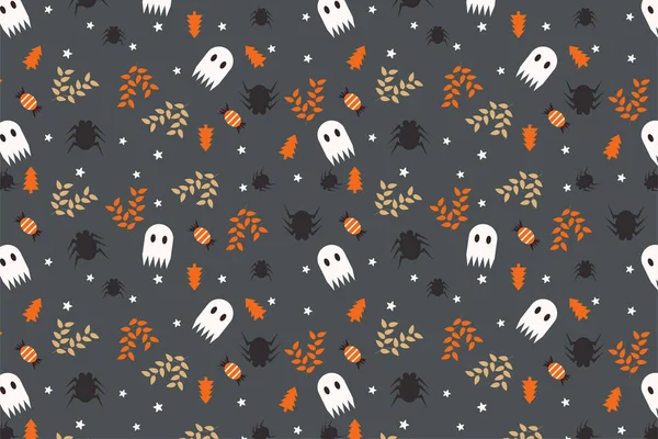 Scary Halloween Pattern Background Cute Ghosts Dead Leaves Vector Halloween —  Vetores de Stock