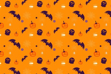 Scary Halloween element pattern decoration on an orange background. Halloween endless pattern vector with bats, scary pumpkins, and spiders. Halloween pattern design for wrap papers and wallpapers.