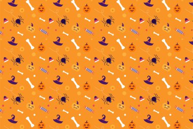 Halloween pattern background vector with scary pumpkins and human bones. Halloween spooky pattern decoration for book covers, wallpapers, and bed sheets. Halloween endless pattern on orange background