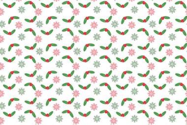 Abstract Christmas pattern vector with green leaves and red cherries. Christmas wrapping paper and book cover decoration pattern design. Minimal Christmas pattern on a white background with snowflakes