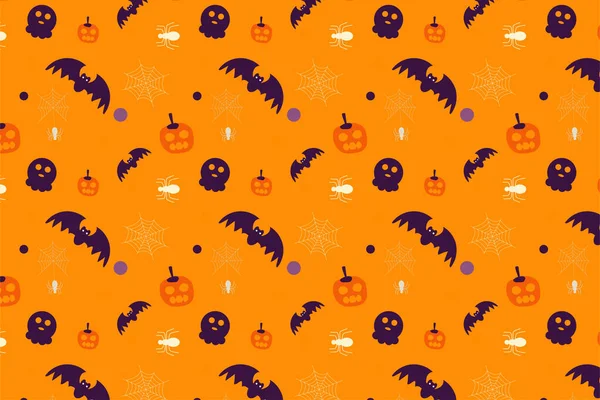 Scary Halloween element pattern decoration on an orange background. Halloween endless pattern vector with bats, scary pumpkins, and spiders. Halloween pattern design for wrap papers and wallpapers.