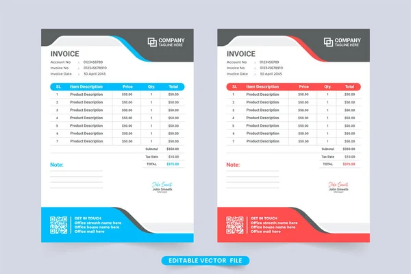 Print Ready Modern Invoice Template Vector Red Blue Colors Professional — Image vectorielle