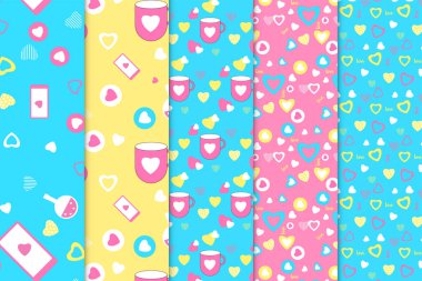 Abstract love pattern collection vector with colorful elements. Seamless pattern bundle with colorful backgrounds for book cover or bed sheet. Valentine's love pattern set with different shapes.
