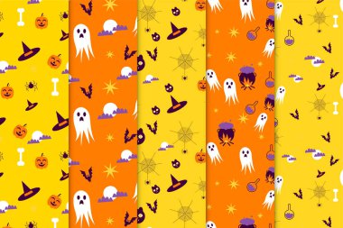 Seamless Halloween pattern bundle design with yellow and orange background. Scary Halloween pattern collection for book cover and wallpaper. Abstract pattern decoration set with ghosts and witchcraft.