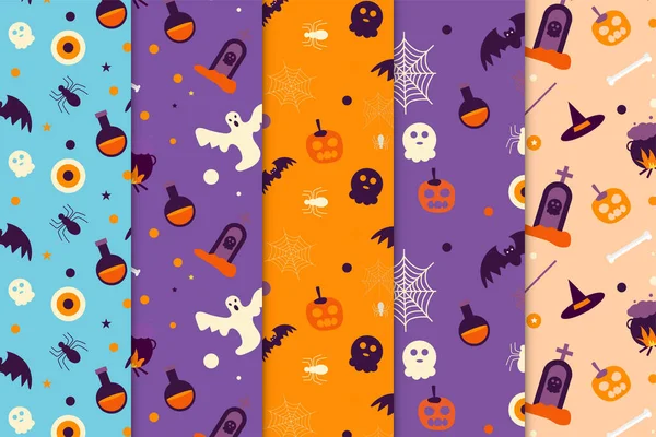 Halloween Seamless Pattern Collection Purple Orange Backgrounds Abstract Halloween Pattern — Vetor de Stock