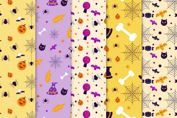 Halloween Pattern Collection Vector Yellow Purple Background Halloween Seamless Pattern — Image vectorielle