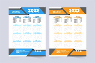 Creative calendar decoration with abstract shapes. Corporate wall calendar and office organizer vector. 2023 calendar design with blue and orange colors for the new year. The week starts on Sunday.