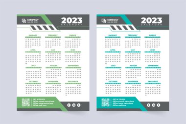 Business annual calendar vector illustration for 2023 new year. The week starts on Sunday. 2023 wall calendar and desk organizer decoration with blue and green colors. Corporate calendar template.