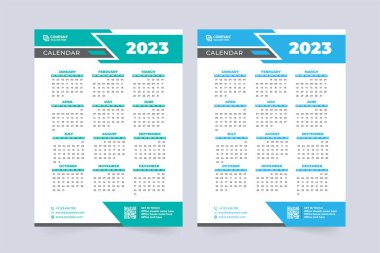 Digital 2023 calendar design with blue colors. Minimal calendar decoration for business and office. Weekend desk and wall calendar design with abstract shapes. 2023 New year calendar template vector.