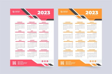 Modern 2023 calendar design with red and yellow colors. Office organizer and wall calendar decoration with digital shapes. Business company yearly calendar template vector. The week starts on Sunday.
