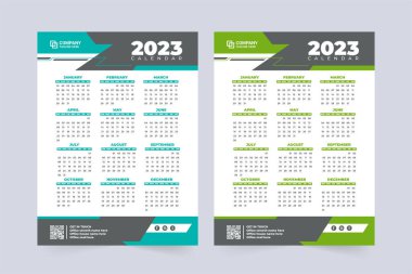 Company annual calendar for 2023 new year. Office organizer and wall calendar design with blue and green colors. 2023 Calendar vector illustration with abstract shapes. The week starts on Sunday.