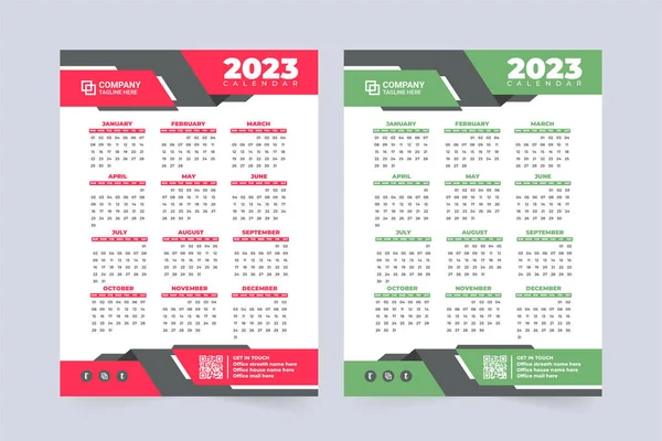 Modern organization 2023 calendar design with green and red colors. Yearly business calendar decoration with creative shapes. The week starts on Sunday. Corporate office organizer and wall calendar.