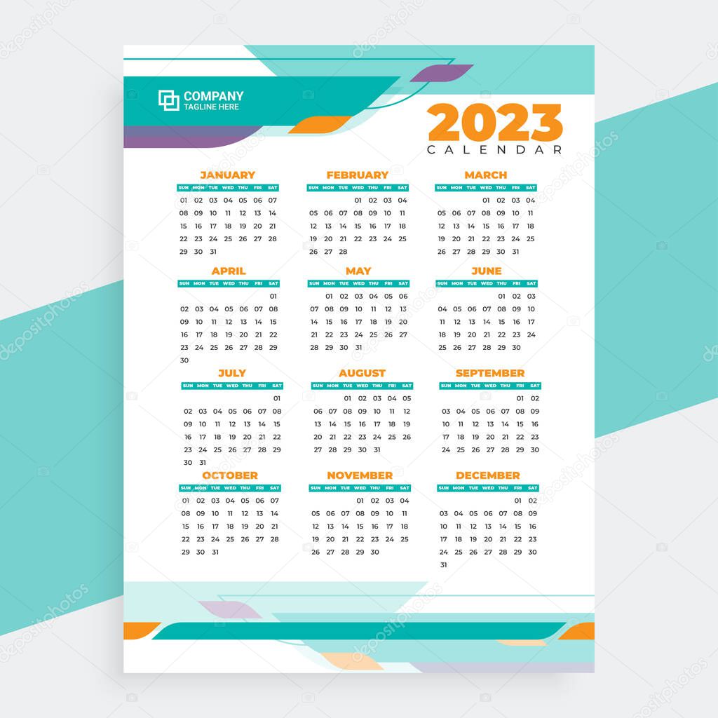 The 2023-year calendar vector with abstract shapes and blue color. Minimal business calendar design for the new year. 2023 New year calendar with weekend calculation. The week starts on Sunday.