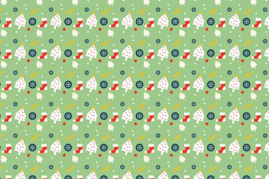 Endless pattern decoration with Christmas elements on a light green background. Christmas abstract pattern vector with socks and white pine trees. Cute Xmas pattern design for wrapping papers.