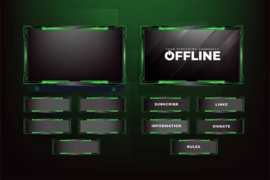 Gaming screen overlay decoration with futuristic shapes and dark color. Live gaming overlay design with buttons and screen panels. Live streaming overlay vector with green color for online gamers.