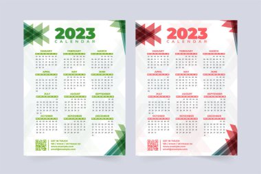 Modern 2023 calendar design with abstract shapes. Creative corporate business calendar and desk organizer template with red and green colors. Annual calendar design for 2023 new year.