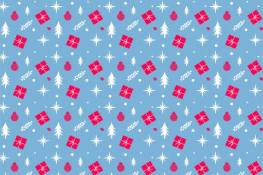 Repeating Christmas pattern vector with gifts and pine tree icons. Xmas pattern decoration for wallpapers and book covers. Christmas seamless pattern design on frosted blue background.