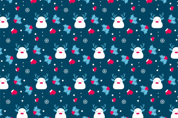 Cute abstract Christmas pattern decoration on a dark blue background. Endless Christmas pattern design with cute snowmen and leaves. Christmas minimal repeating pattern vector for wallpapers.
