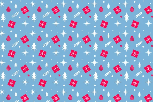 Repeating Christmas pattern vector with gifts and pine tree icons. Xmas pattern decoration for wallpapers and book covers. Christmas seamless pattern design on frosted blue background.