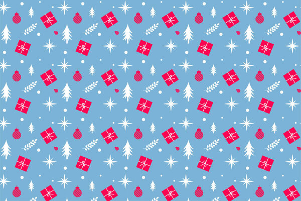 Repeating Christmas pattern vector with gifts and pine tree icons. Xmas pattern decoration for wallpapers and book covers. Christmas seamless pattern design on frosted blue background.