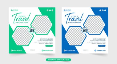 Dream vacation and tour planner agency social media post. Travel agency banner template with abstract shapes. Touring business poster design with green and blue colors. Family vacation planner design.