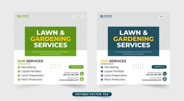 Basit bir çim biçme makinesi iş tanıtımı sosyal medya posta vektörü. Bahçe bakımı ve peyzaj hizmeti reklam web afişi tasarımı. Sosyal medya için mavi ve yeşil renkli bahçe servis şablonu.