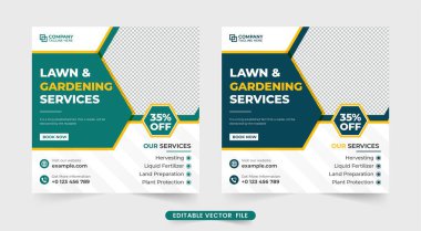 Çiftçilik ve peyzaj hizmeti web pankartı indirimli teklif bölümü. Tarım endüstrisi sosyal medya mavi ve yeşil renklerle dizayn edildi. Bahçe servisi reklam şablonu.