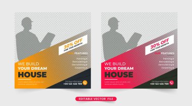 Ev yapımı ve iş promosyon şablonu onarımı. Modern ev yenileme ve sosyal medya şablonu tasarımı. Konut işi şablonu vektörü.